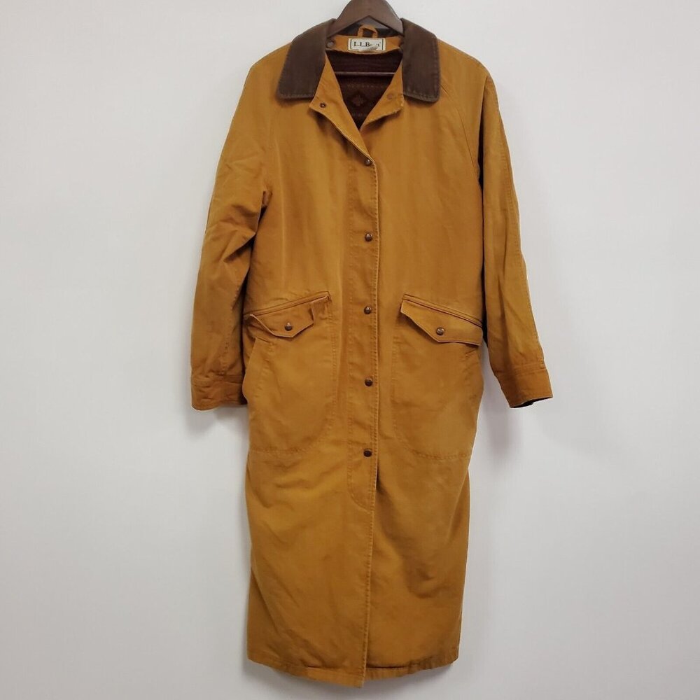 Vintage LL Bean Womens Sherpa Lined Canvas Long Coat Size M Brown Aztec Outdoors